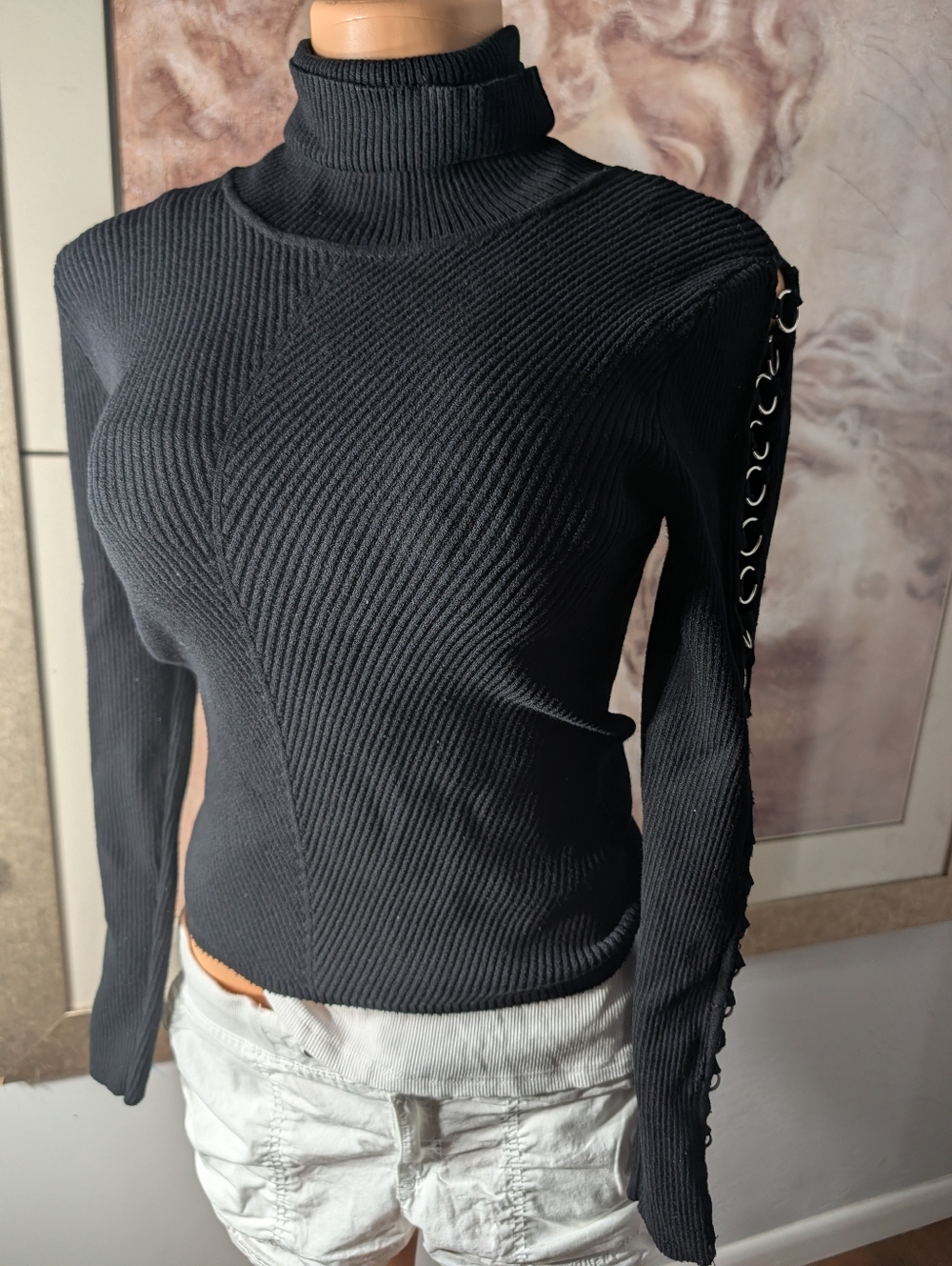 Zara Black Ribbed Knit Turtleneck Rings Run Up On Arms Size S